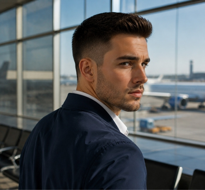 Handsome male model with a crew cut and taper fade featuring a textured top and clean gradual side blending.