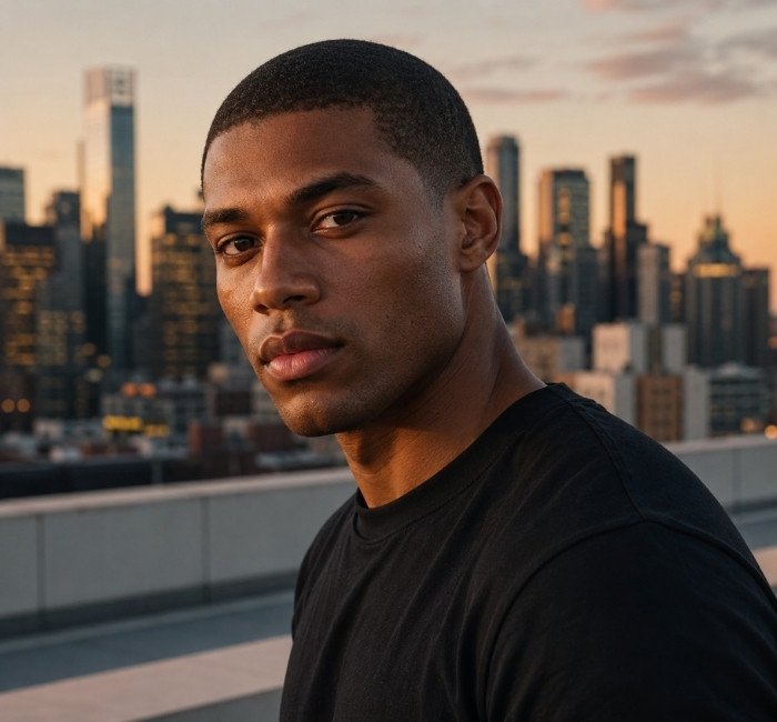 Male model with a clean buzz cut hairstyle featuring evenly trimmed short hair, a simple low maintenance haircut for men.