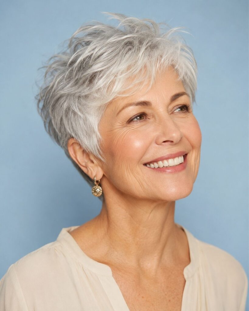 Joyful woman over 60 with a feathered silver-gray pixie cut and gold earrings in a soft blue studio background.
