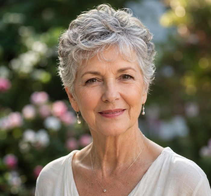 Woman in her early 70s with a soft pixie cut, gray curls, and warm expression in a natural garden bokeh background.