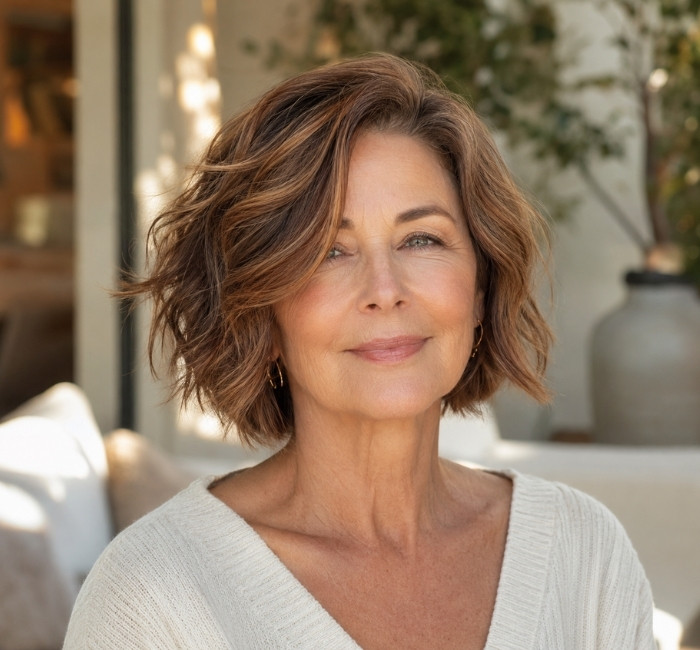 Elegant woman over 60 with a side-part wavy bob and caramel brown tones in a warm sunlit indoor setting.