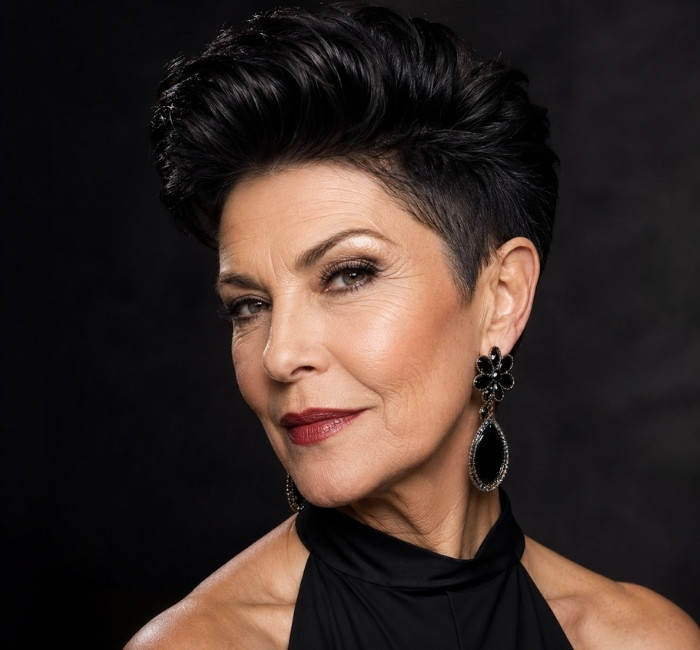 Glamorous older woman with a jet black pixie cut, glossy finish, bold earrings, and a dark luxury studio background.