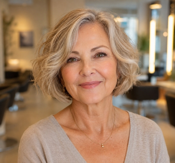 Woman around 65 with a rounded bob, soft waves, and ash blonde hair in a bright salon environment.