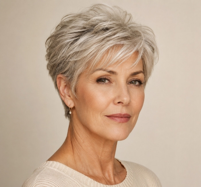 Stylish mature woman with a layered pixie cut, silver-blonde tones, and voluminous crown in a cream studio.
