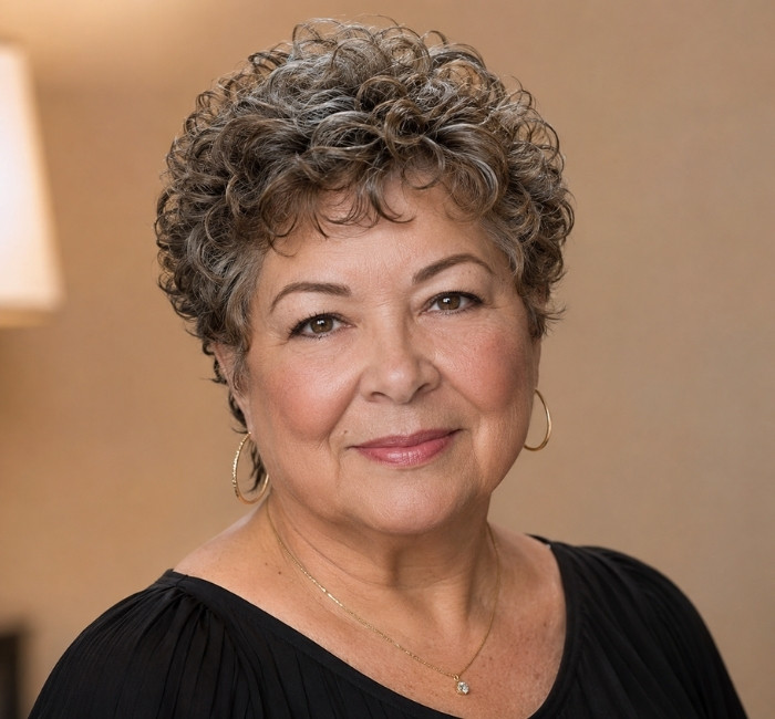 Confident woman over 60 with a curly crop haircut and natural volume, medium brown hair with gray highlights.