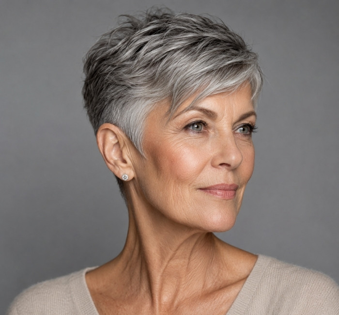 Sophisticated woman in her late 60s with a tapered salt-and-pepper pixie cut and sharp cheekbone definition in a gray studio.