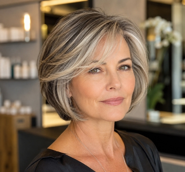 Stylish woman over 60 with a classic bob and long bangs, salt-and-pepper blended with blonde highlights in a salon.