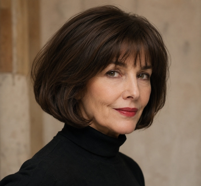 Chic mature woman with a jaw-length French bob, thick brunette hair, red lipstick, and a black turtleneck in Parisian style.