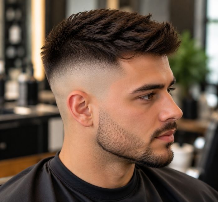 Bare sides beneath short top hair