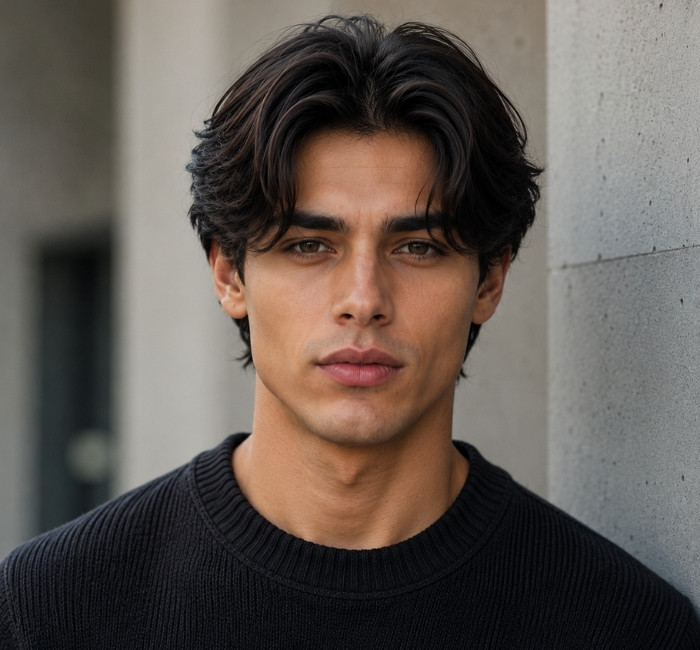 Classic men’s middle part with medium-length curtain hair
