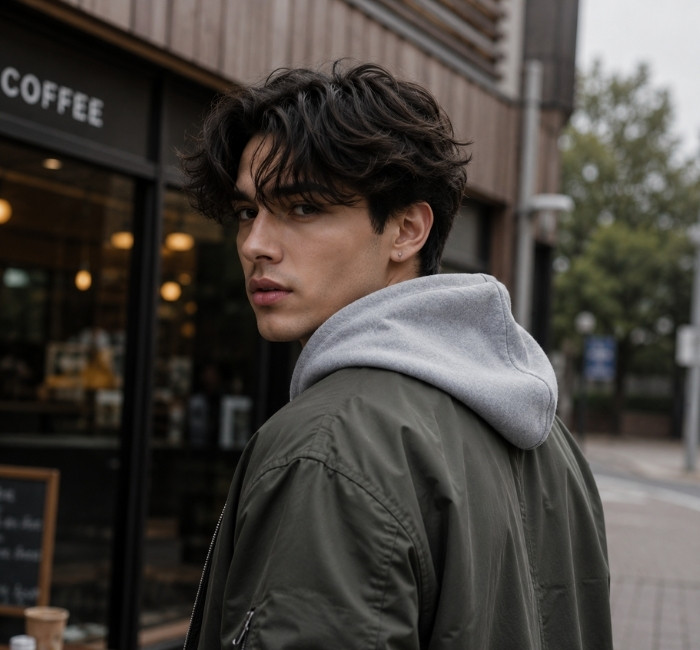 Messy middle part hairstyle with relaxed texture and volume