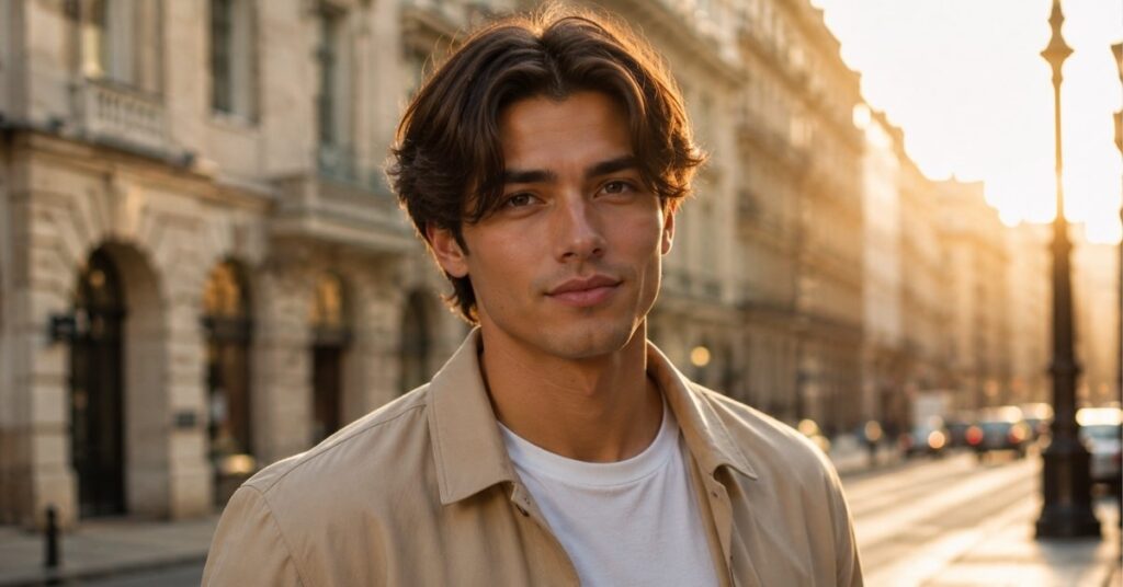 Men’s middle part hairstyle with soft texture and natural volume