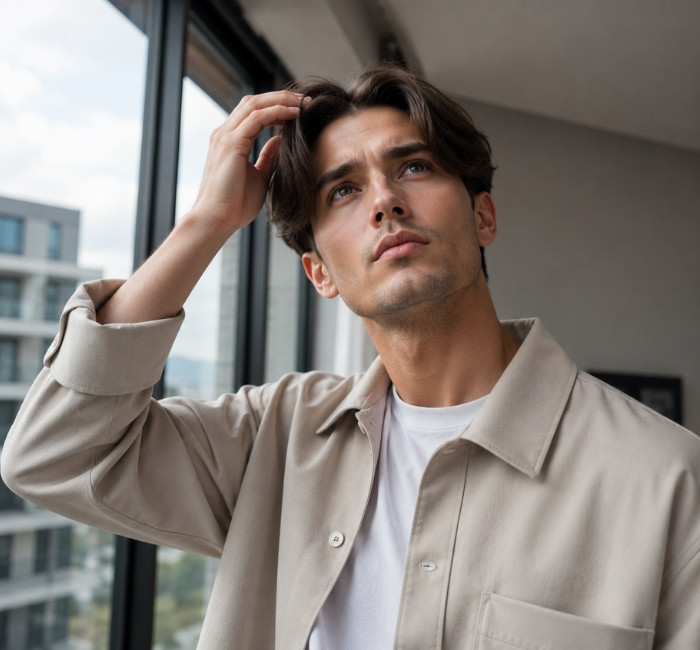 Man checking the shape of his middle part hairstyle