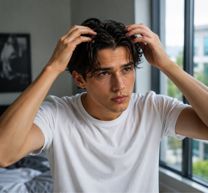 Man arranging a damp middle part hairstyle with his fingers