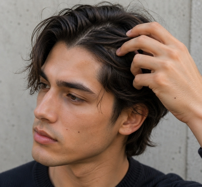 Man adjusting an uneven middle part hairstyle