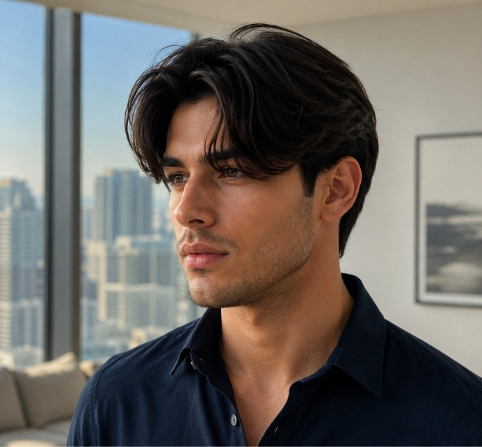 Layered middle part hairstyle framing a man’s face