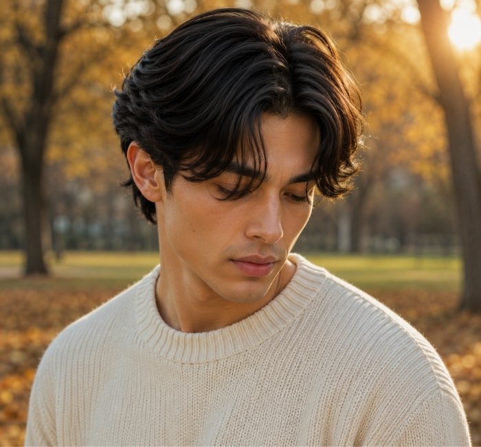 Classic curtain haircut for men with feathered front layers
