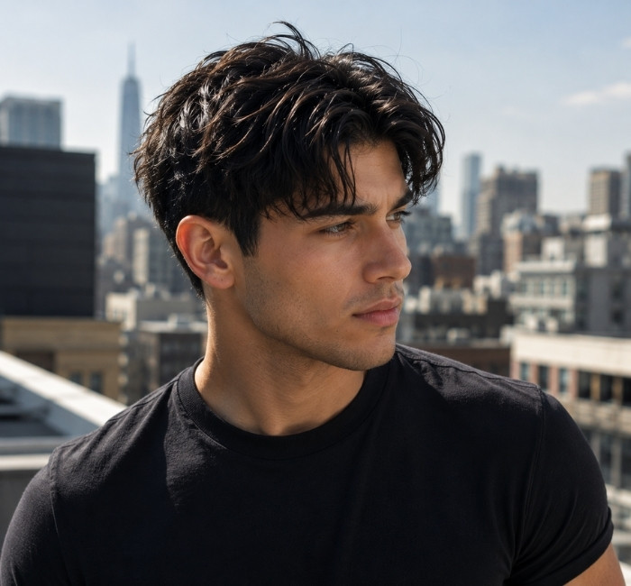 Short textured middle part haircut for men