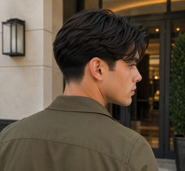 Men’s middle part haircut with a clean low taper