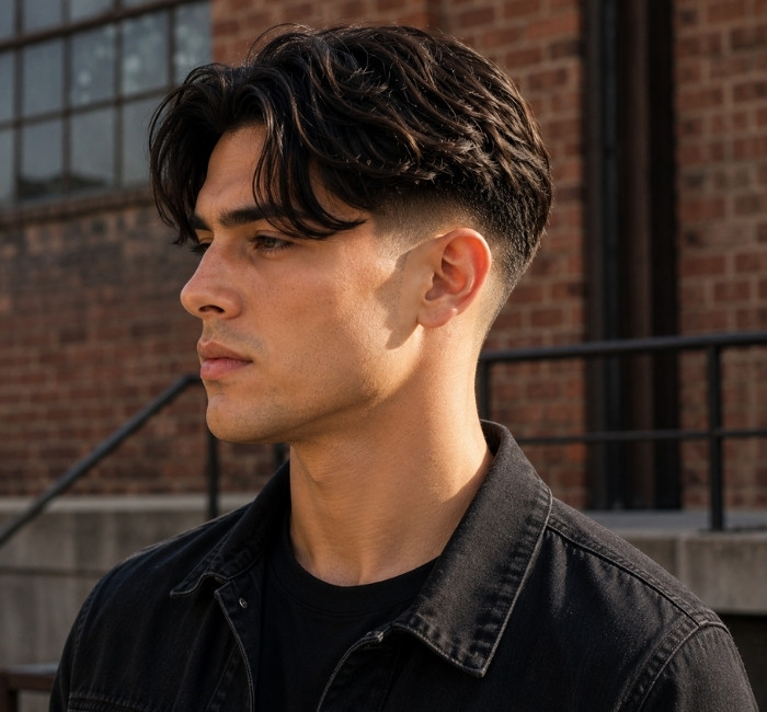 Modern middle part fade with textured hair on top