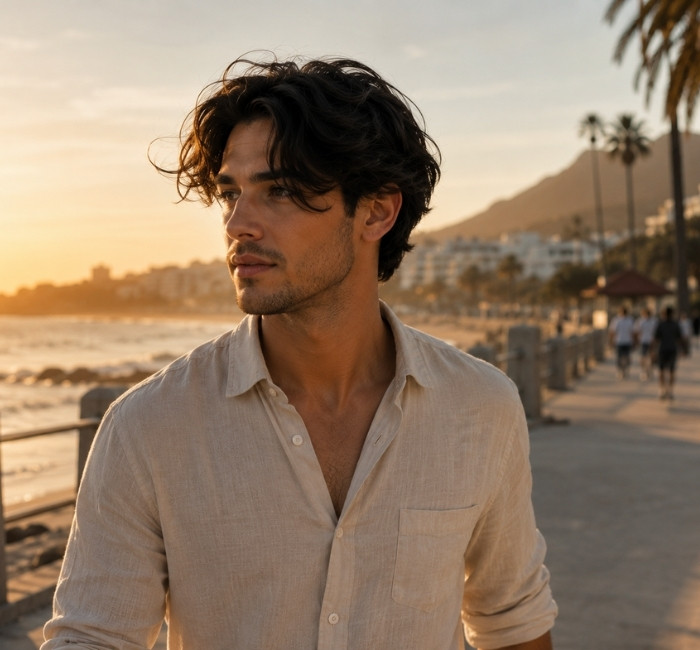Men’s wavy middle part hairstyle with natural movement