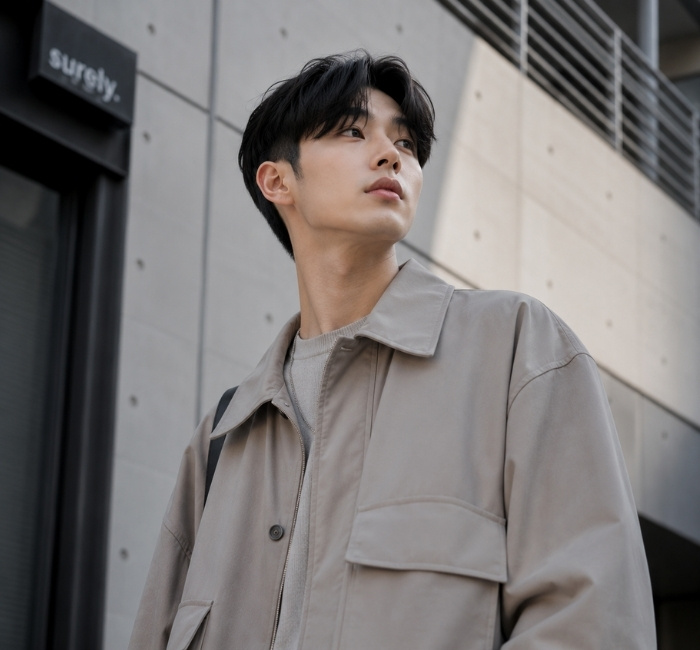 Korean two block haircut with a soft middle part