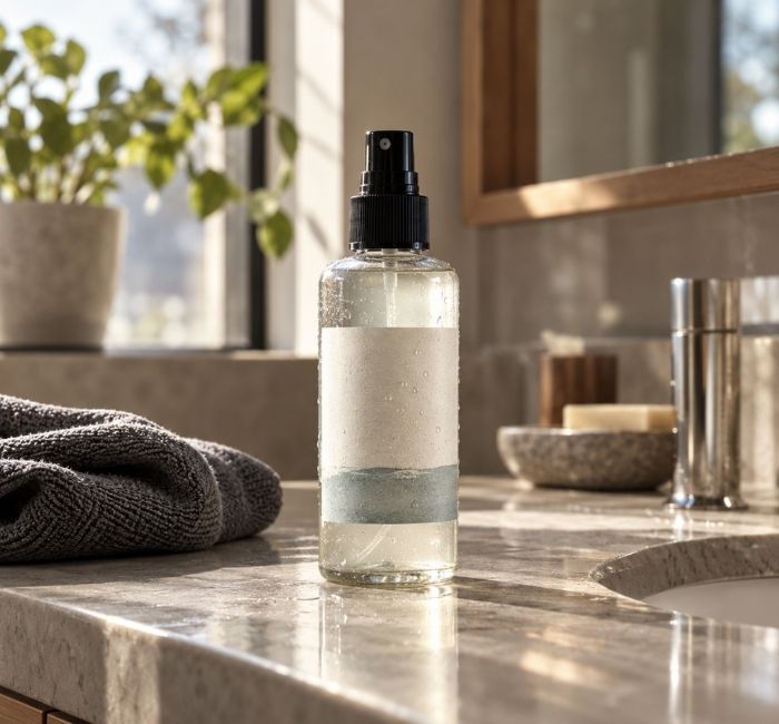 Sea salt spray bottle on vanity