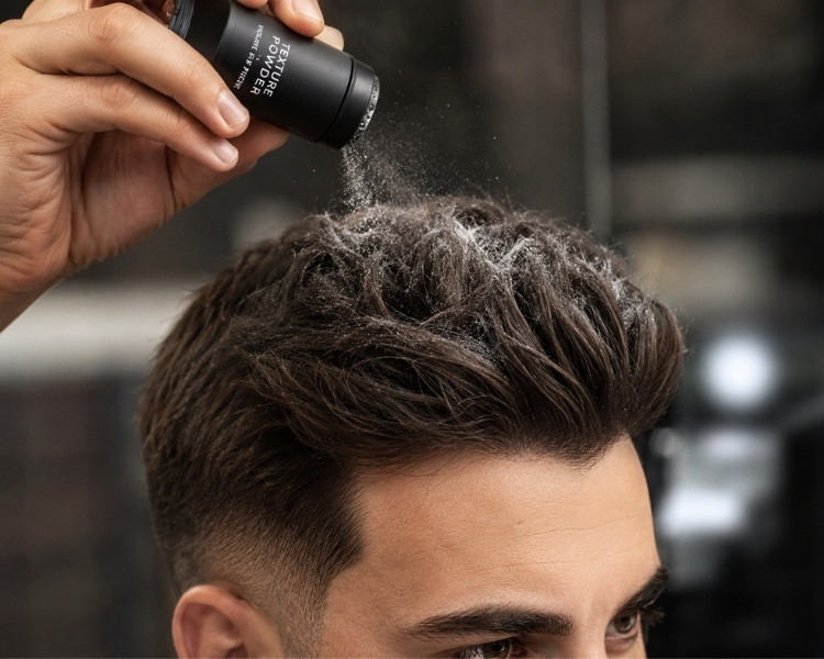 Hair texture powder being applied to male hair roots for added volume.