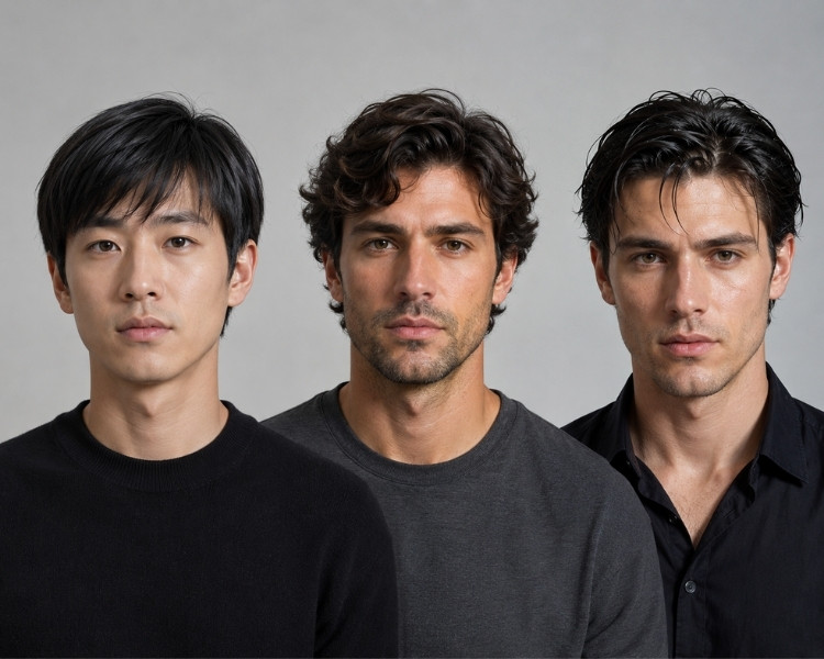 Men with fine straight, wavy, and oily hair types for grooming product comparison.
