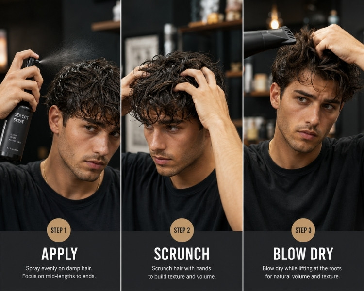 Man applying sea salt spray to damp hair, scrunching it, and blow-drying for texture.