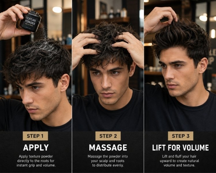 Man applying texture powder at the roots and styling hair for volume.