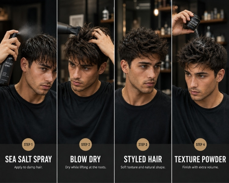 Sea salt spray and texture powder used together for textured, voluminous male hair.