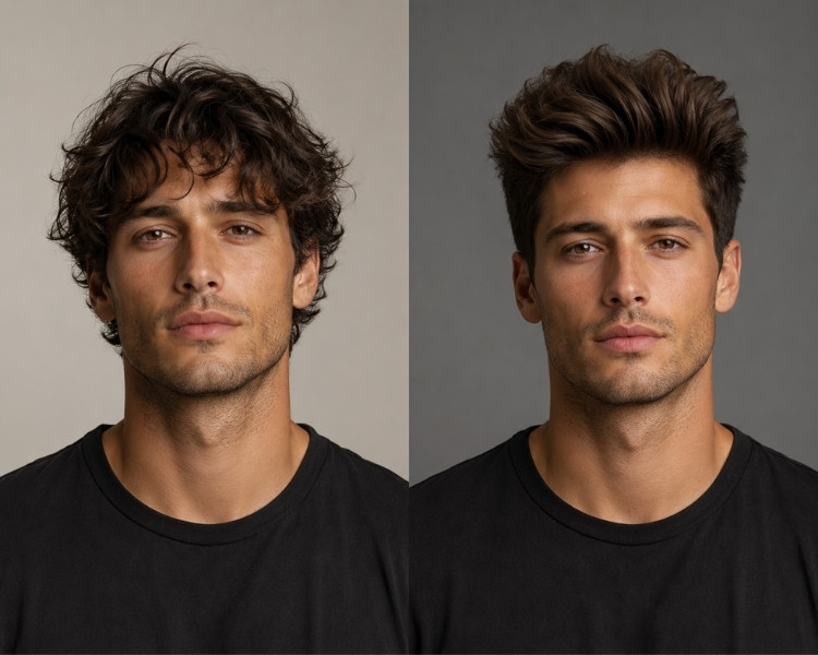 Side-by-side comparison of beach waves and high-volume matte textured men’s hairstyles.