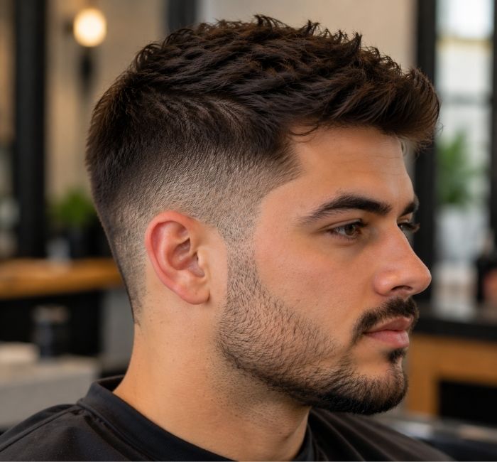 Soft stubble beneath darker hair