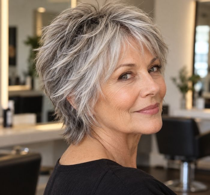 Short shag haircut with choppy crown layers