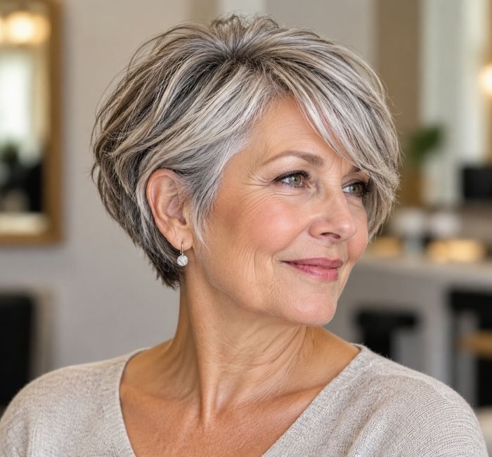 Side-swept short haircut for mature women