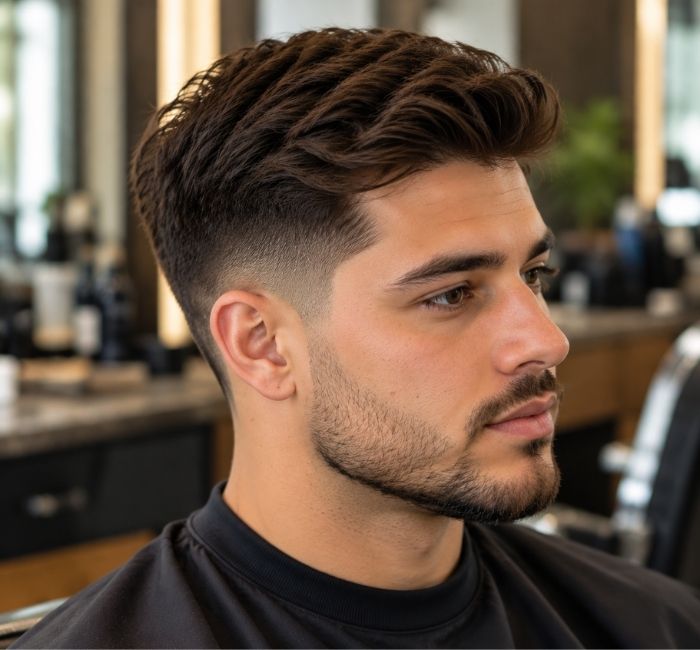 Neatly trimmed sideburns and neckline