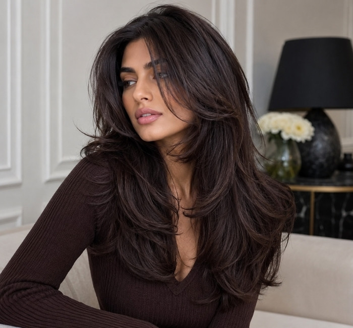 Woman with a butterfly haircut for thick hair and voluminous layered shape