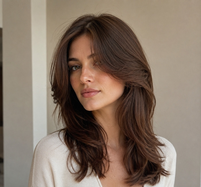 Woman with a butterfly haircut and soft curtain bangs