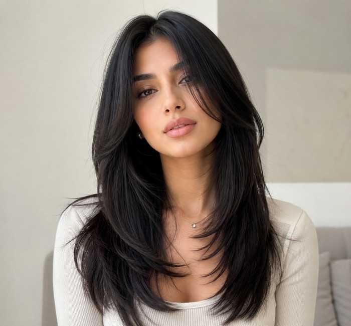 Woman with a straight butterfly haircut and sleek face-framing layers