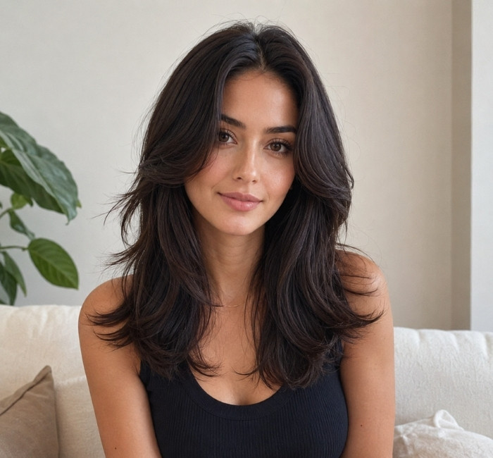 Woman with a butterfly haircut without bangs and open face-framing layers