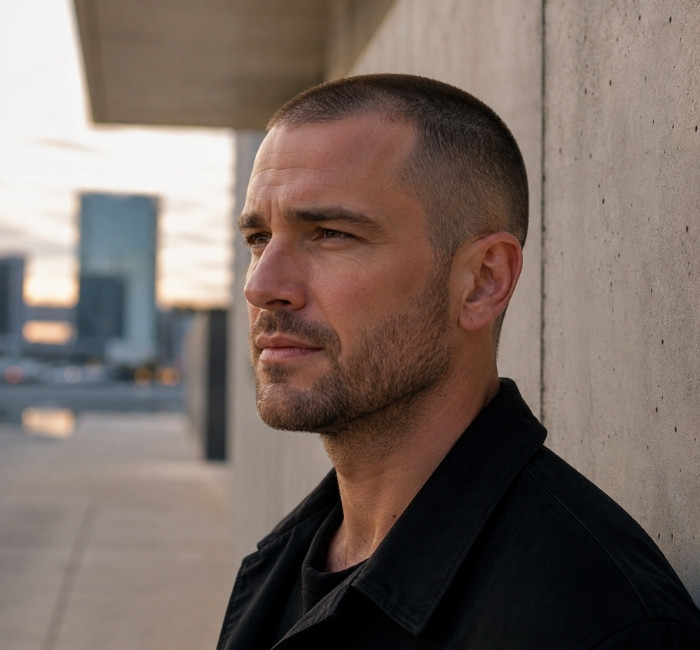 Short buzz cut hairstyle for men with thinning hair and natural scalp appearance