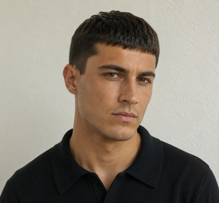 Man with a short Caesar cut and straight forward fringe