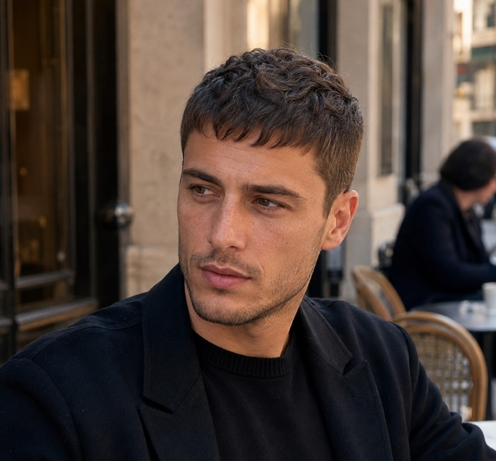 Caesar haircut with short forward fringe for men with thin hair