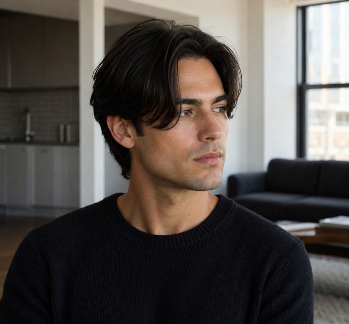 Classic curtain haircut for men with a clean middle part and natural flow
