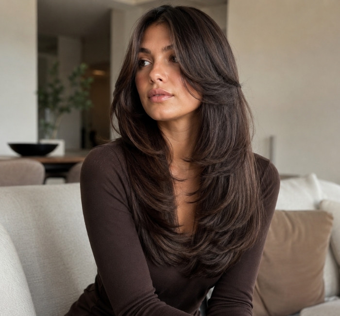 Woman with a classic long butterfly haircut and cascading face-framing layers