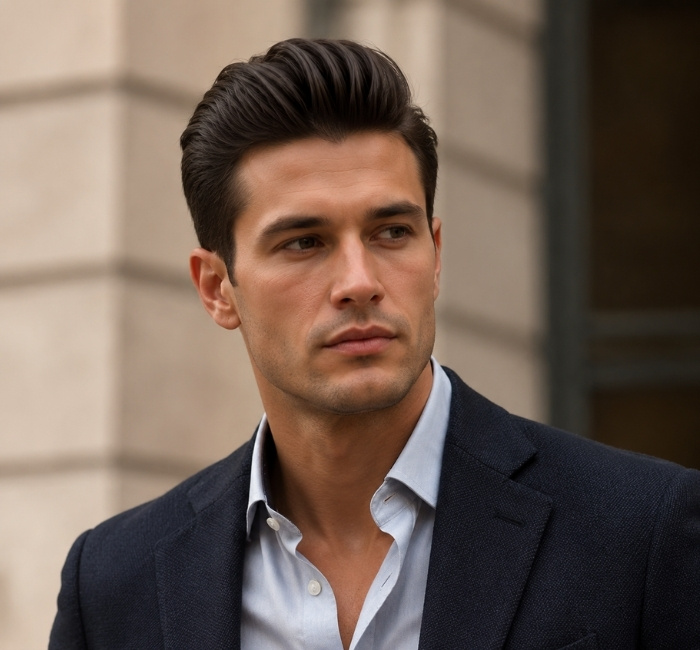 Man with a classic pompadour haircut showing volume at the front