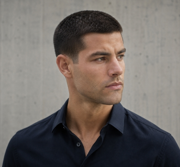 Man with a short classic crew cut and clean tapered sides