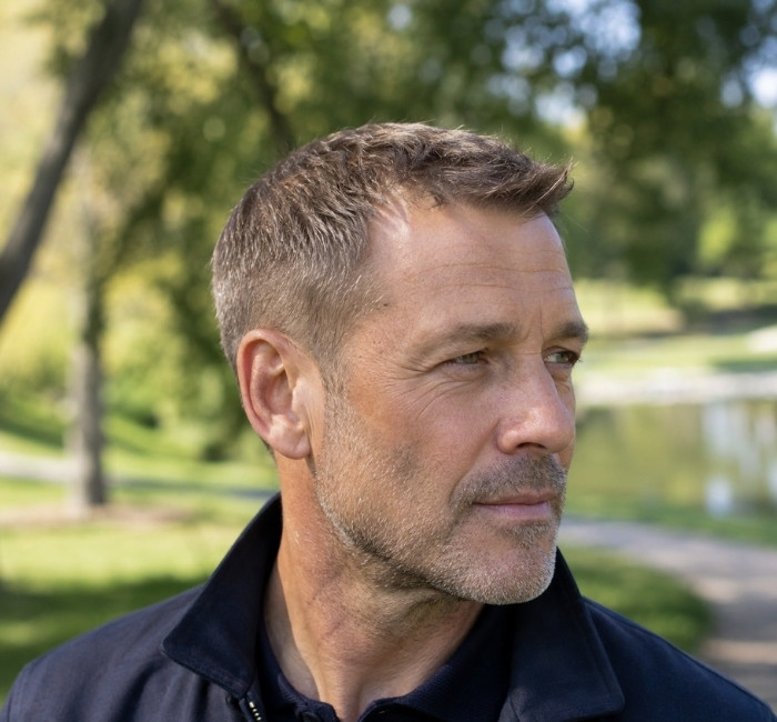 Classic crew cut hairstyle for men with thin hair and clean tapered sides