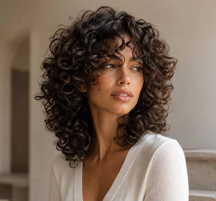 Woman with a curly butterfly haircut and shaped layered curls